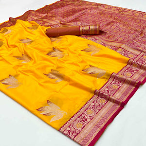Yellow Saree In Art Silk Adorned With Floral Zari Work & Traditional Banarasi Pallu