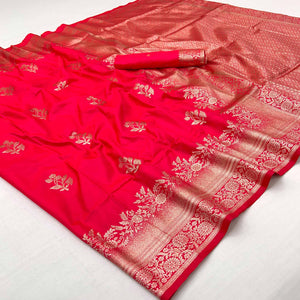 Pink Art Silk Saree Featuring Intricate Floral Zari Weaving & An Elegant Banarasi Pallu