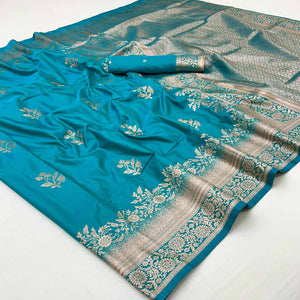 Blue Art Silk Saree Featuring Intricate Floral Zari Weaving & An Elegant Banarasi Pallu