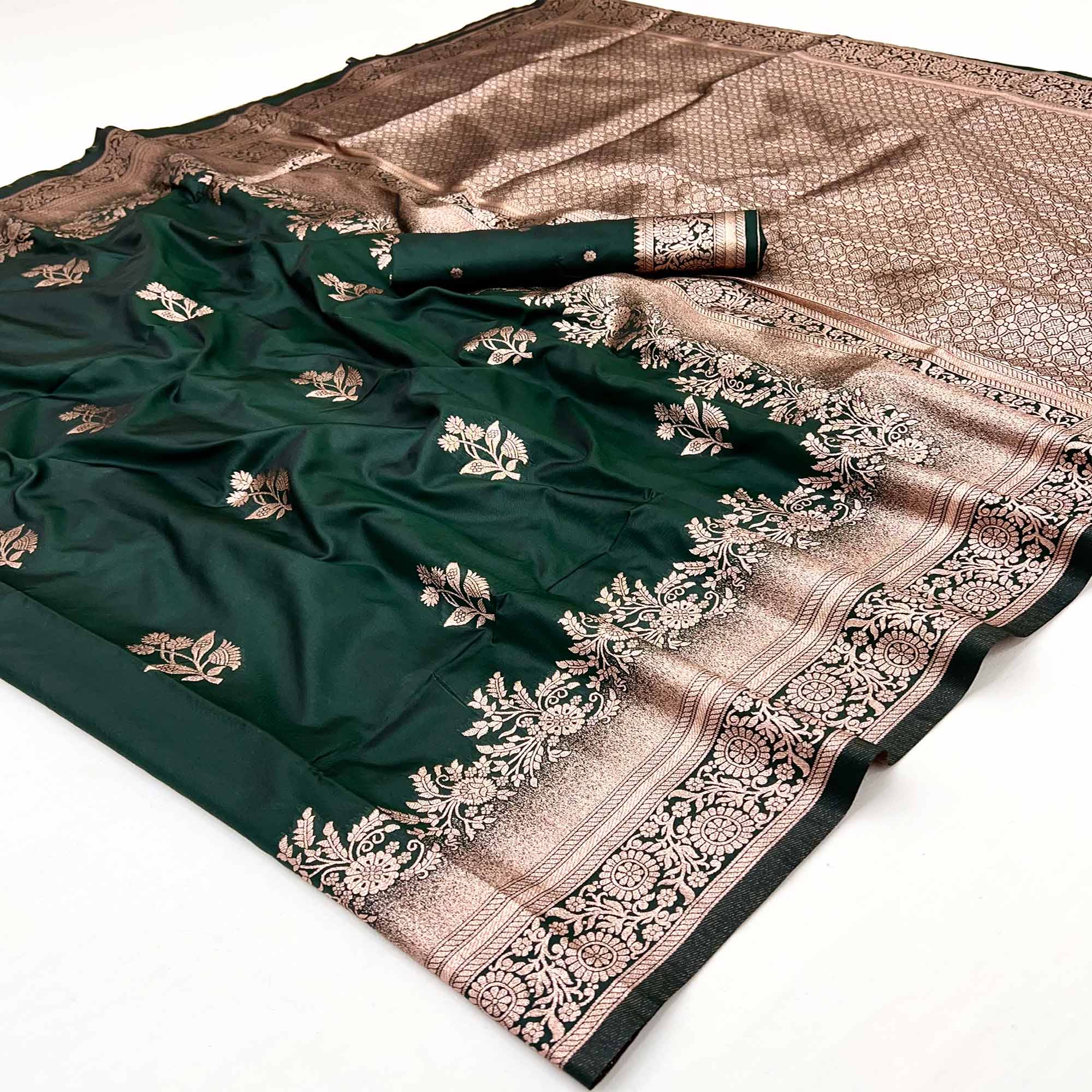 Dark Green Art Silk Saree Featuring Intricate Floral Zari Weaving & An Elegant Banarasi Pallu