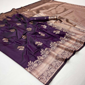 Wine Art Silk Saree Featuring Intricate Floral Zari Weaving & An Elegant Banarasi Pallu