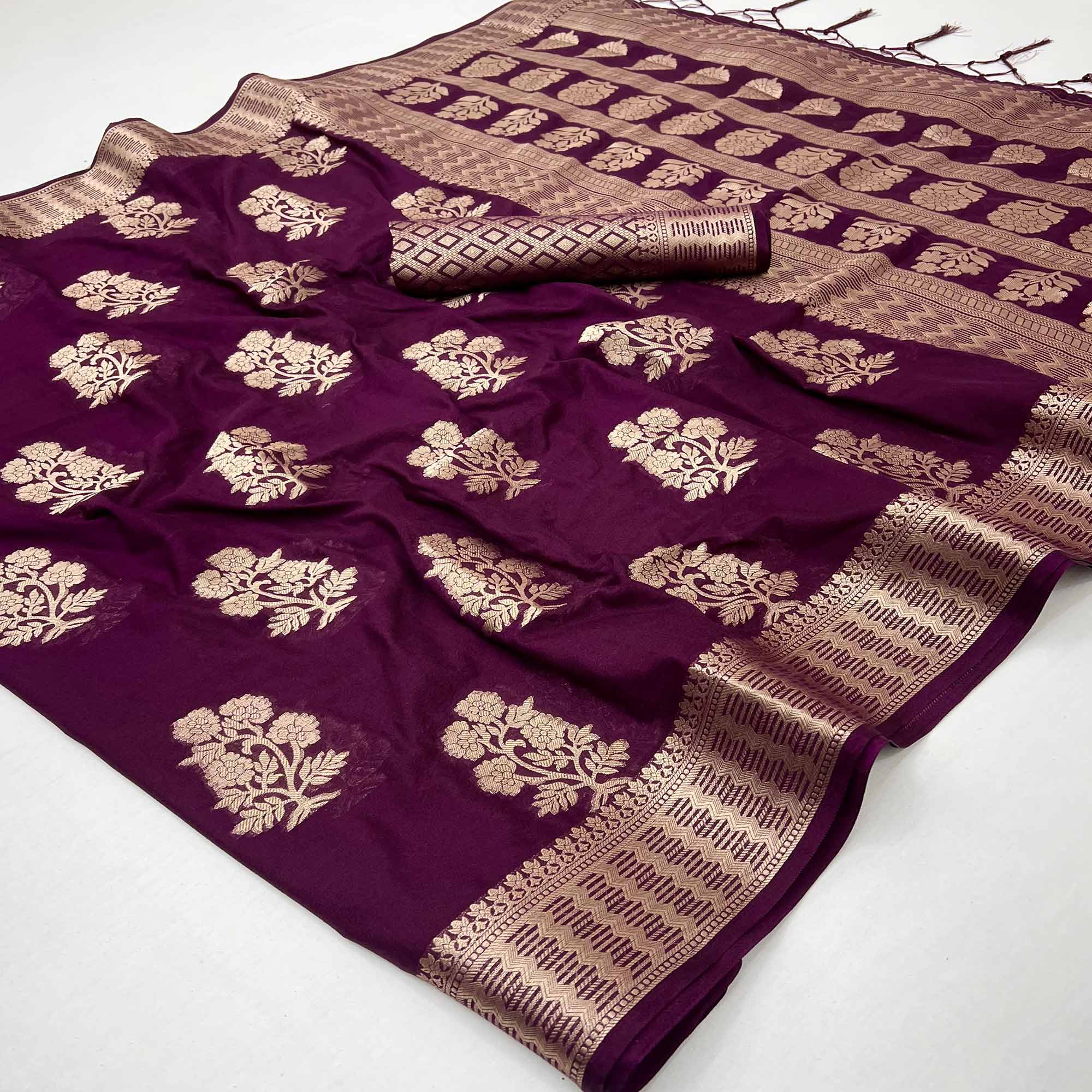 Wine Crepe Silk Saree With Floral Zari Weaving & Stylish Tassel Pallu