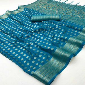 Teal Blue Floral Zari Woven Crepe Silk Saree Accented With Tassel Pallu