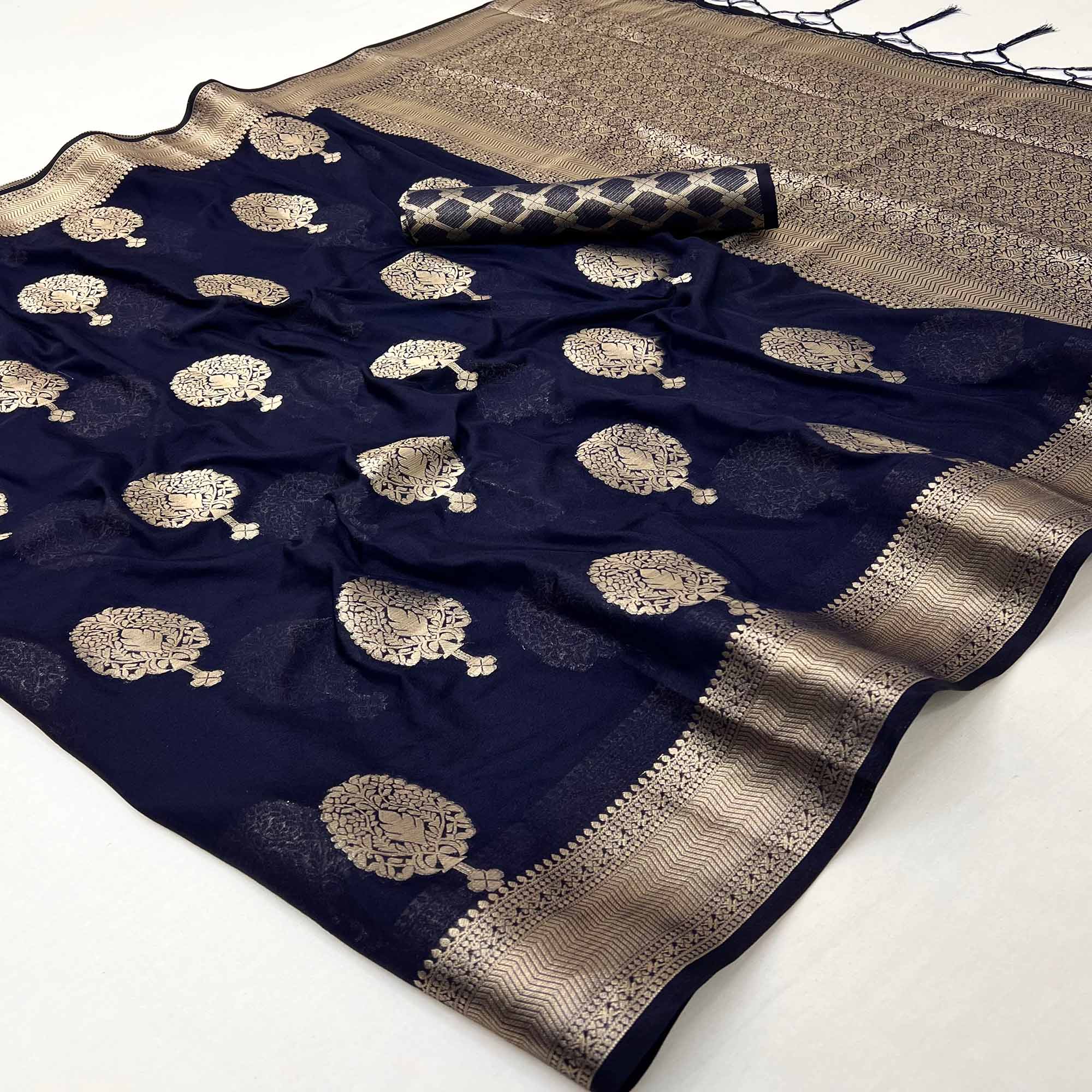 Navy Blue Crepe Silk Saree Featuring Floral Zari Weave & Graceful Tassel Pallu