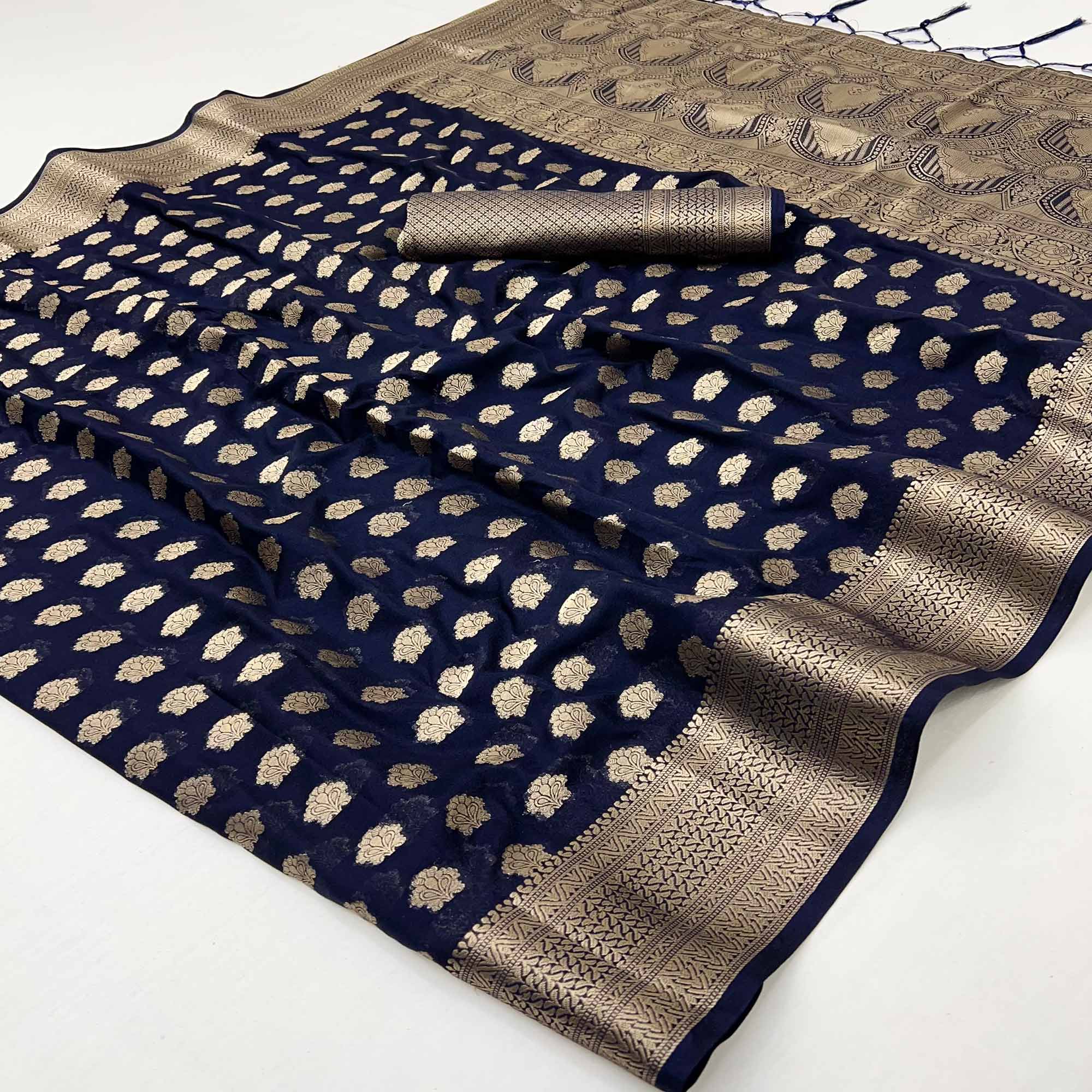 Navy Blue Zari Woven Floral Silk Saree With Chic Tassel Finish Pallu