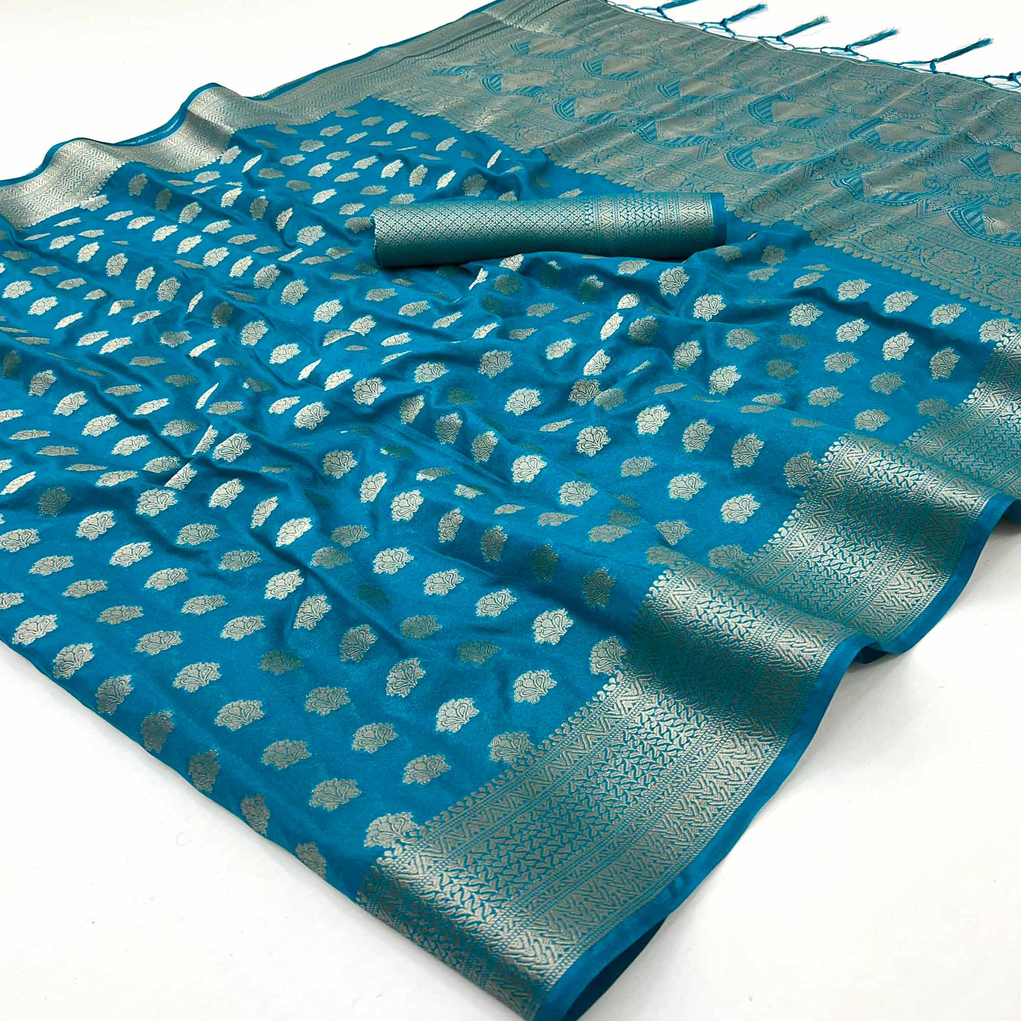 Blue Zari Woven Floral Silk Saree With Chic Tassel Finish Pallu