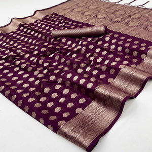 Wine Zari Woven Floral Silk Saree With Chic Tassel Finish Pallu