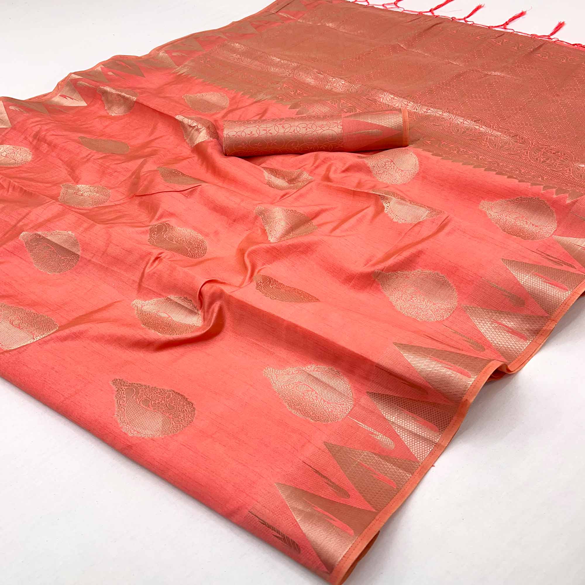 Coral Pink Tusser Cotton Silk Saree With Floral Zari Weaving & Tassel Pallu