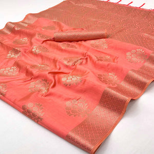 Coral Pink Floral Zari Woven Tusser Cotton Silk Saree With Stylish Tassel Pallu