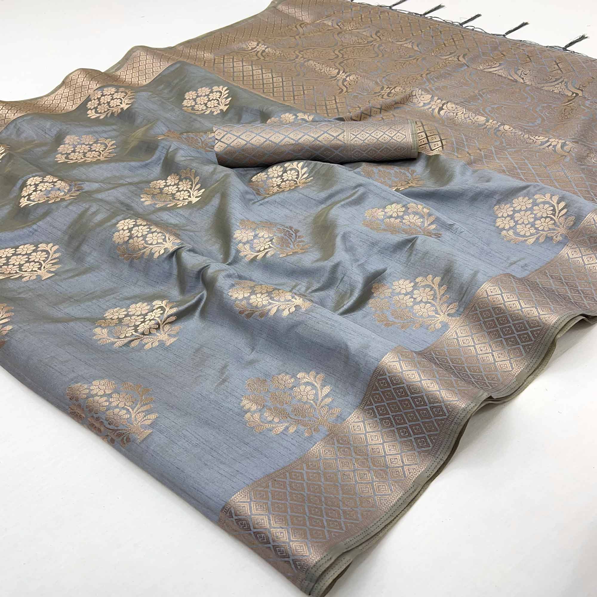 Grey Floral Zari Woven Tusser Cotton Silk Saree With Stylish Tassel Pallu