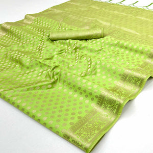 Green Tusser Cotton Silk Saree Featuring Intricate Floral Zari Weave & Tassel Pallu