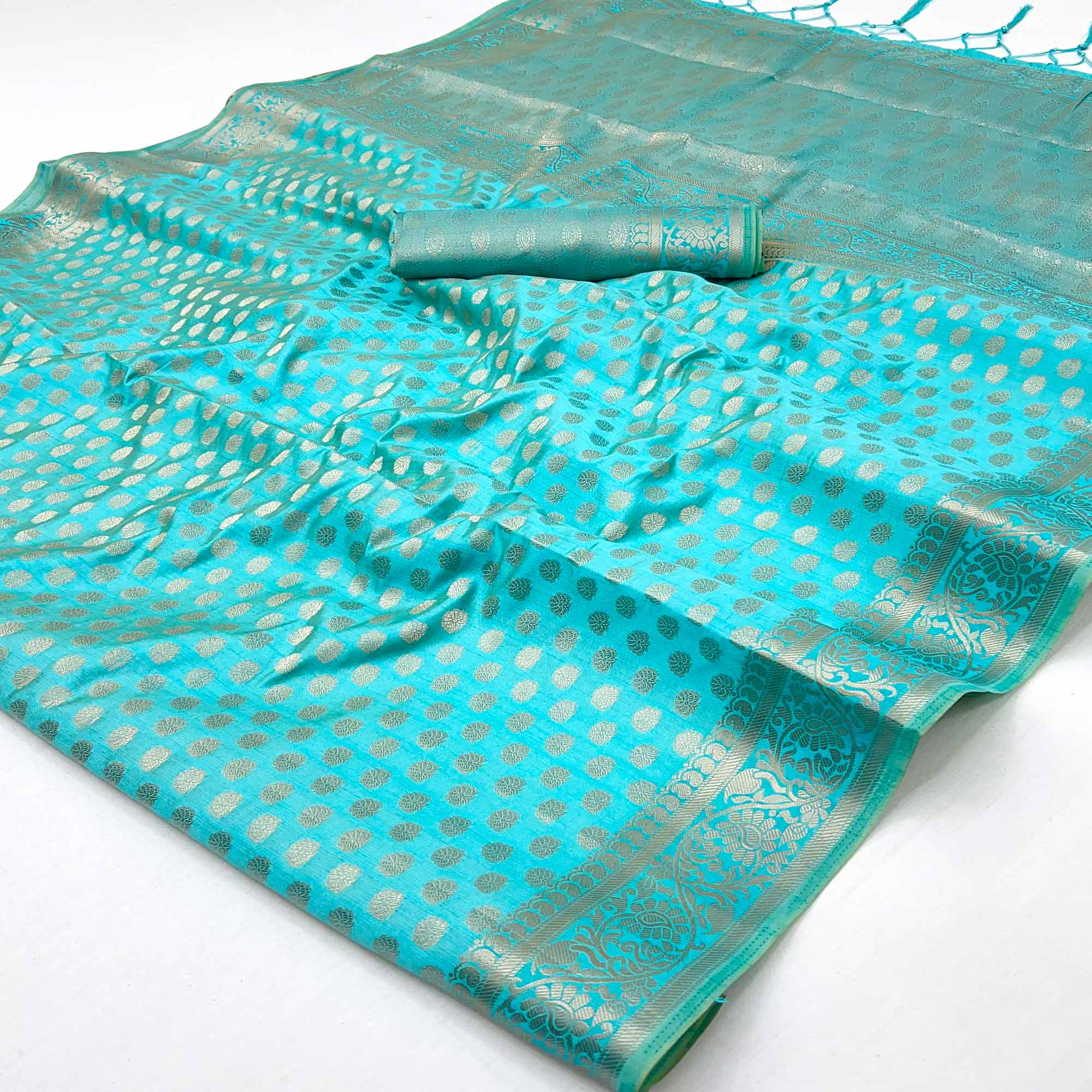 Blue Tusser Cotton Silk Saree Featuring Intricate Floral Zari Weave & Tassel Pallu