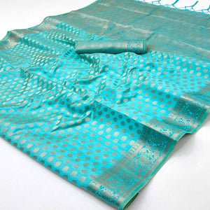 Blue Tusser Cotton Silk Saree Featuring Intricate Floral Zari Weave & Tassel Pallu