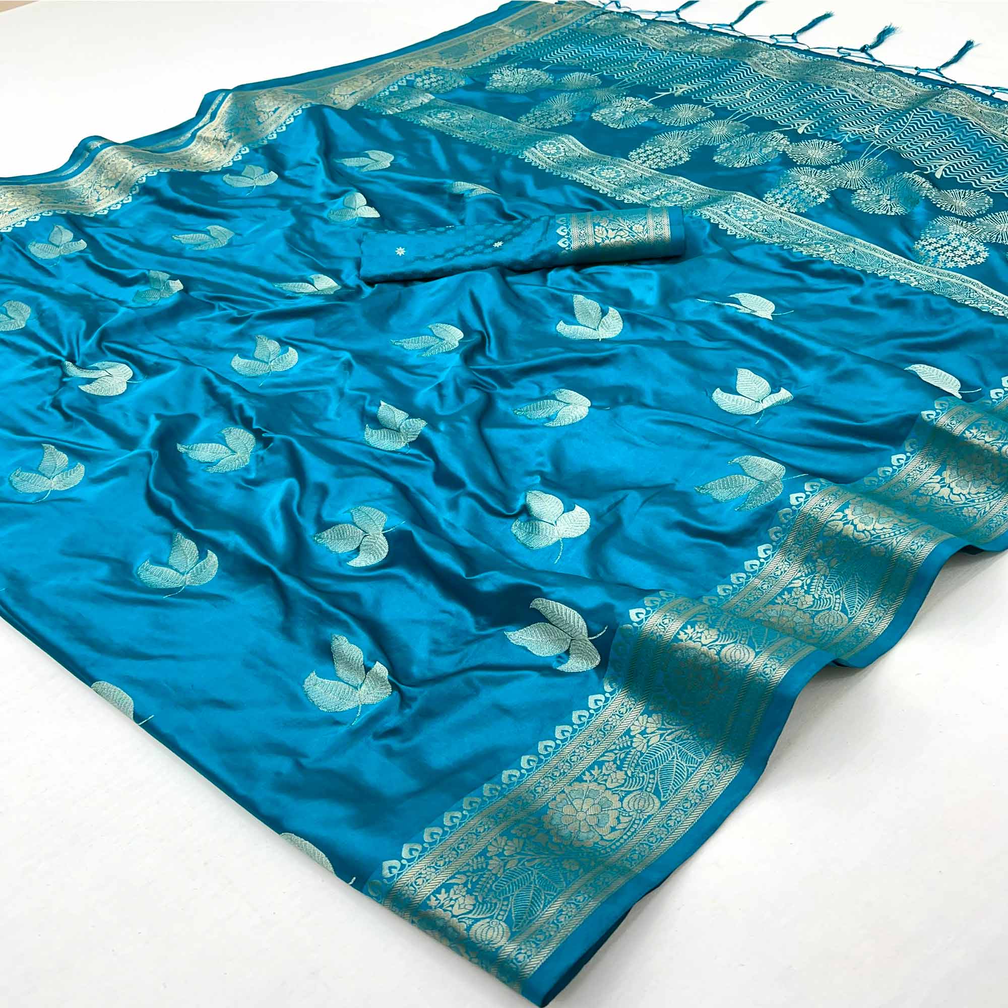 Blue Floral Zari Woven Satin Silk Saree With Graceful Tassel Pallu