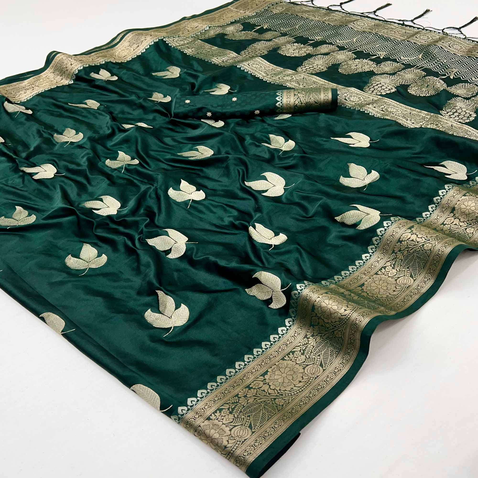 Green Floral Zari Woven Satin Silk Saree With Graceful Tassel Pallu