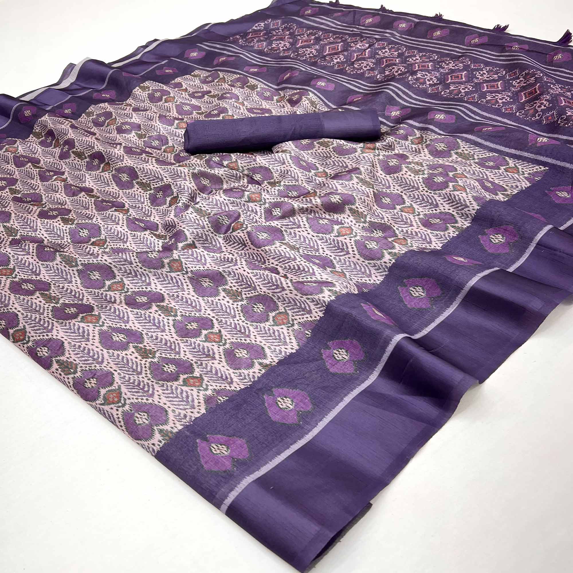 Purple Art Silk Saree Featuring Modern Digital Print & Tassel Pallu