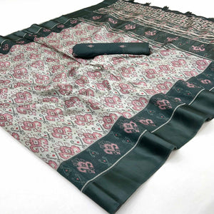 Cream & Green Art Silk Saree Featuring Modern Digital Print & Tassel Pallu