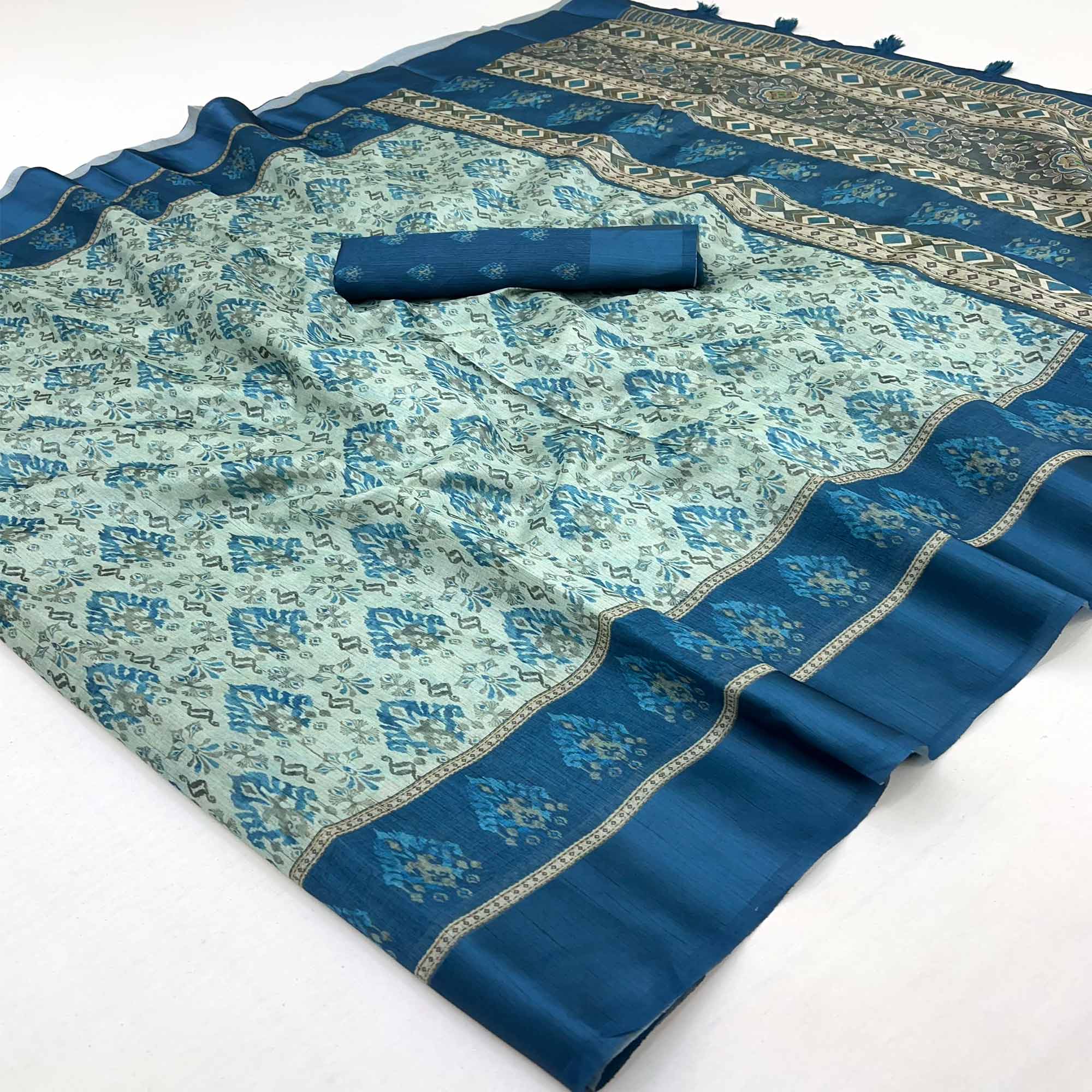Blue Art Silk Saree Featuring Modern Digital Print & Tassel Pallu