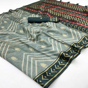 Grey Art Silk Saree Featuring Modern Digital Print & Tassel Pallu