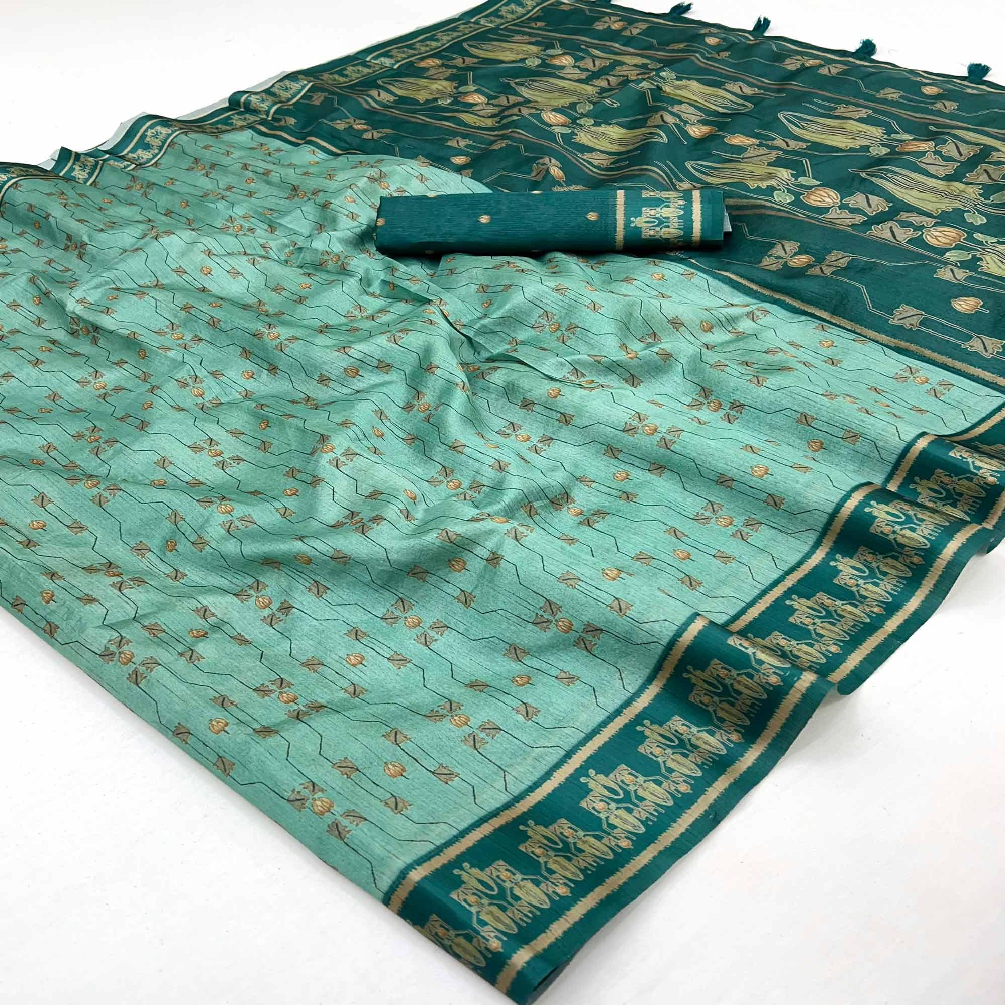 Sea Green Art Silk Saree Featuring Modern Digital Print & Tassel Pallu