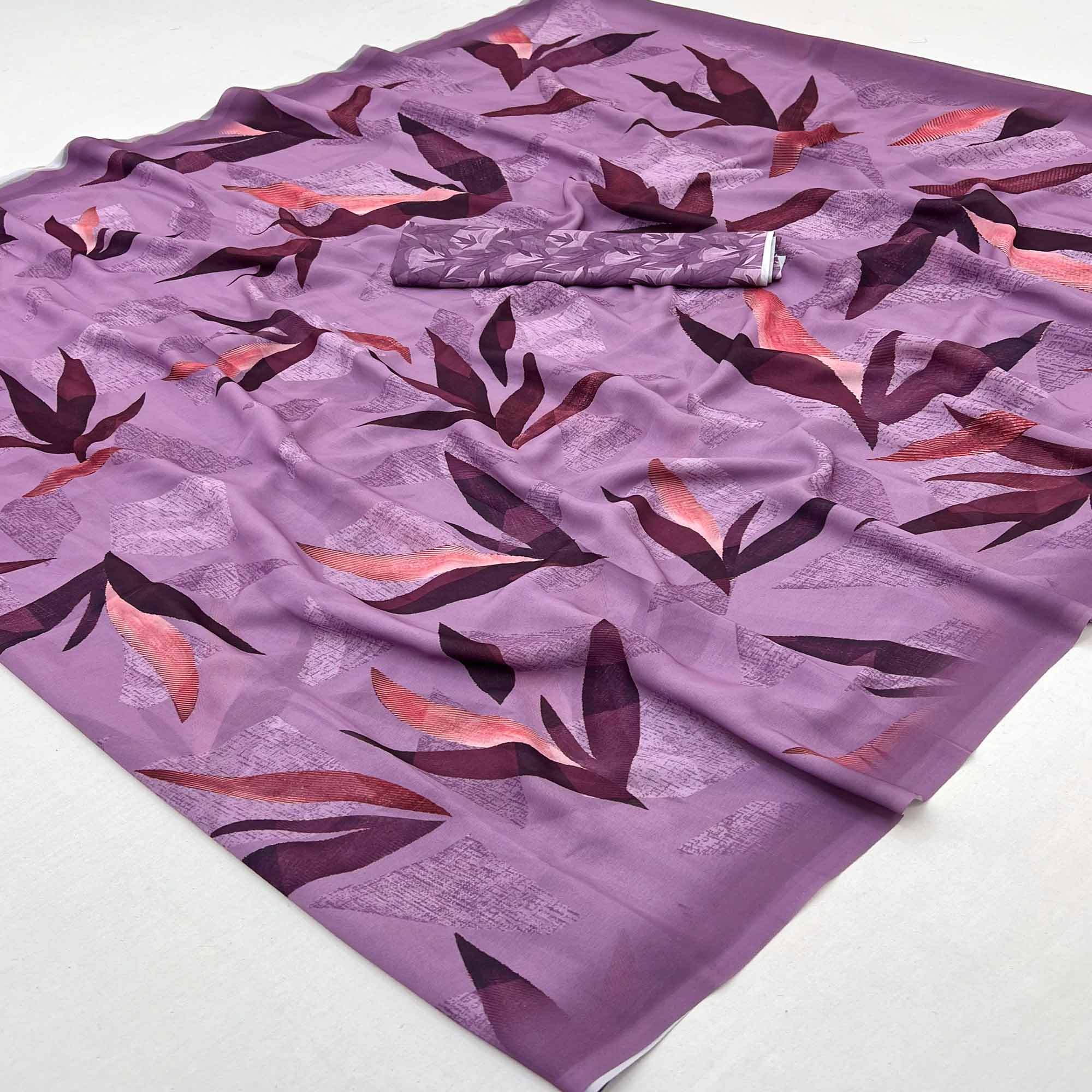 Lilac Purple Georgette Saree With Elegant Floral Digital Print