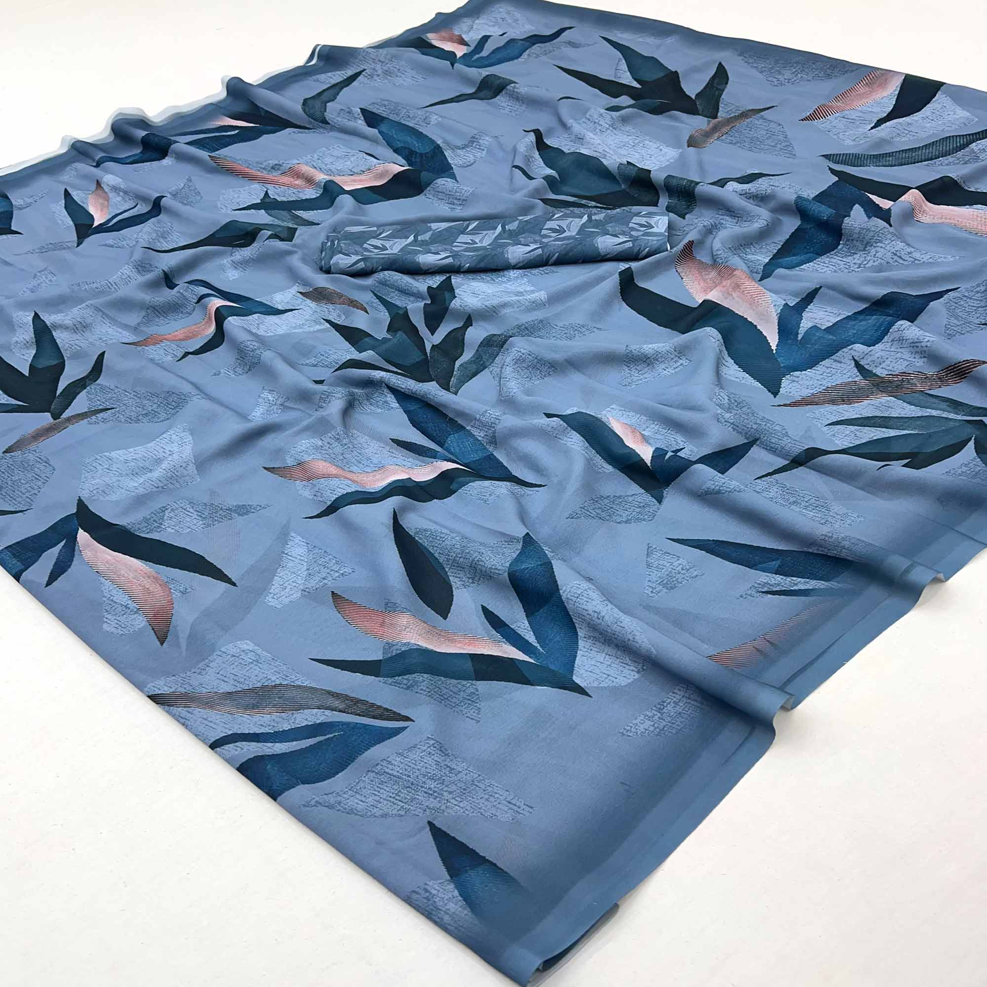 Blue Georgette Saree With Elegant Floral Digital Print