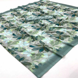 Green Georgette Saree With Elegant Floral Digital Print