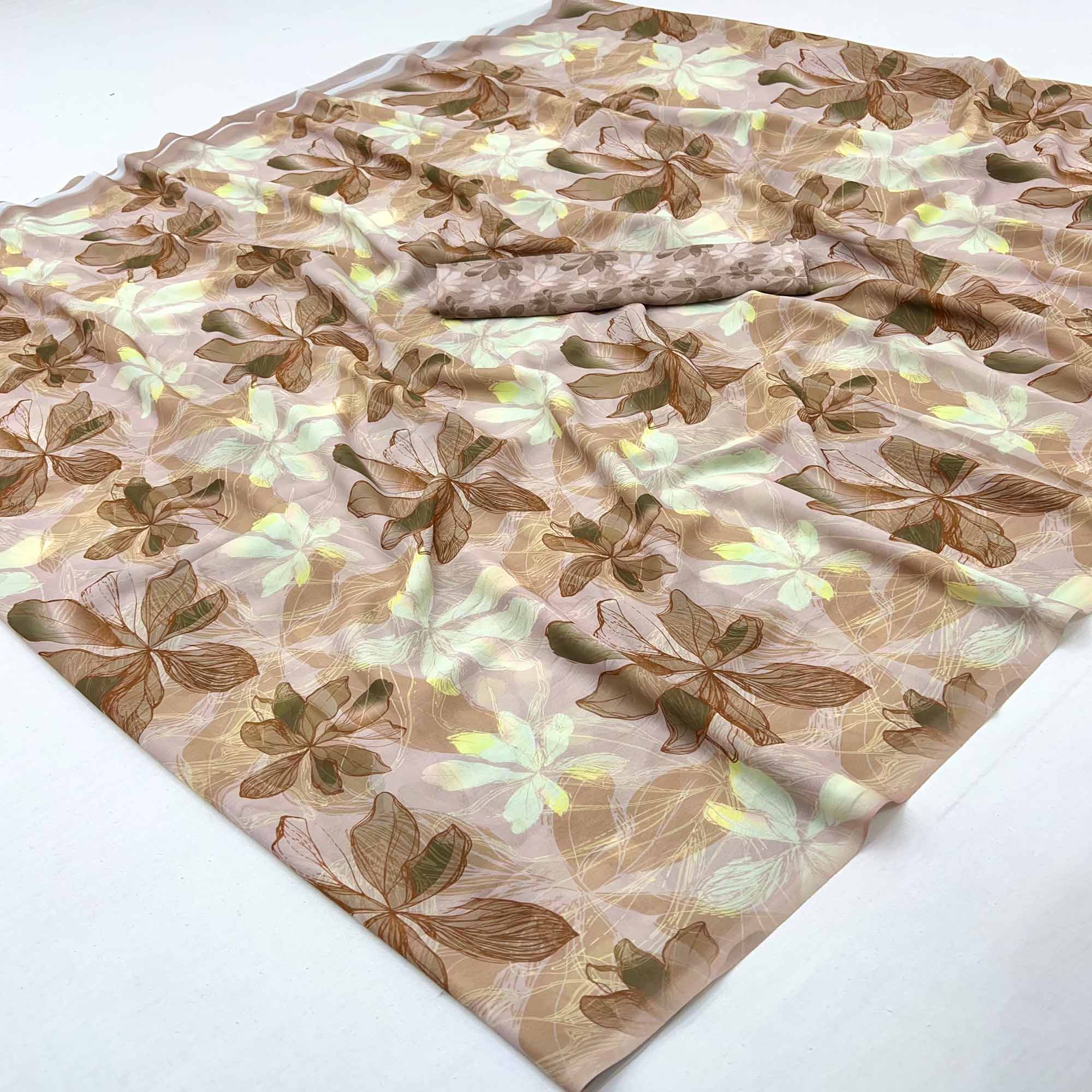 Brown Georgette Saree With Elegant Floral Digital Print