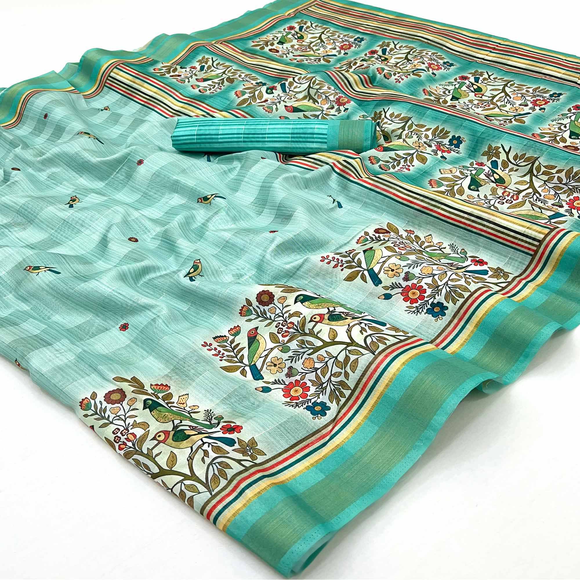 Turquoise Cotton Blend Saree Highlighted With Bird & Floral Digital Print