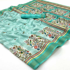 Turquoise Cotton Blend Saree Highlighted With Bird & Floral Digital Print