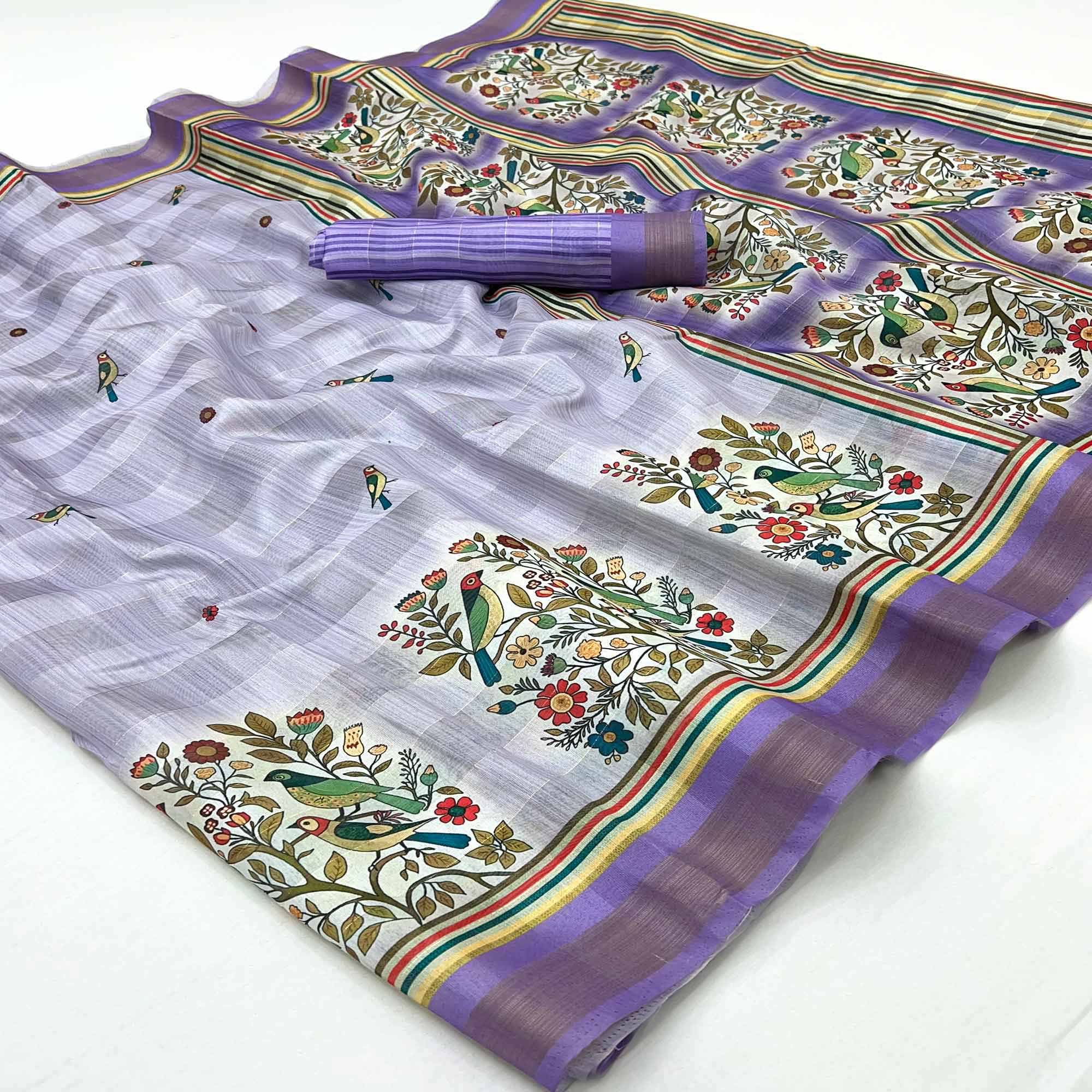 Lavender Cotton Blend Saree Highlighted With Bird & Floral Digital Print