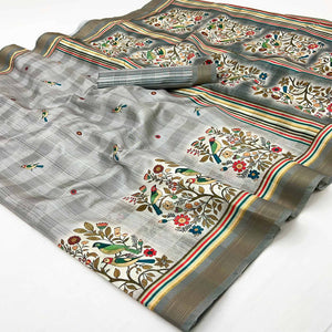 Grey Cotton Blend Saree Highlighted With Bird & Floral Digital Print