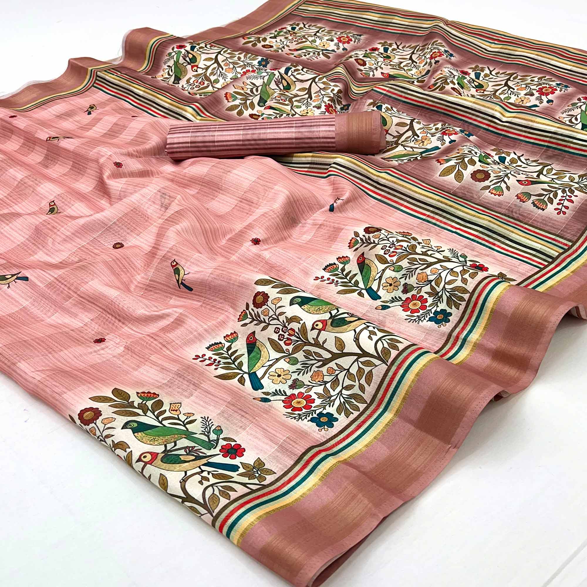 Peach Cotton Blend Saree Highlighted With Bird & Floral Digital Print