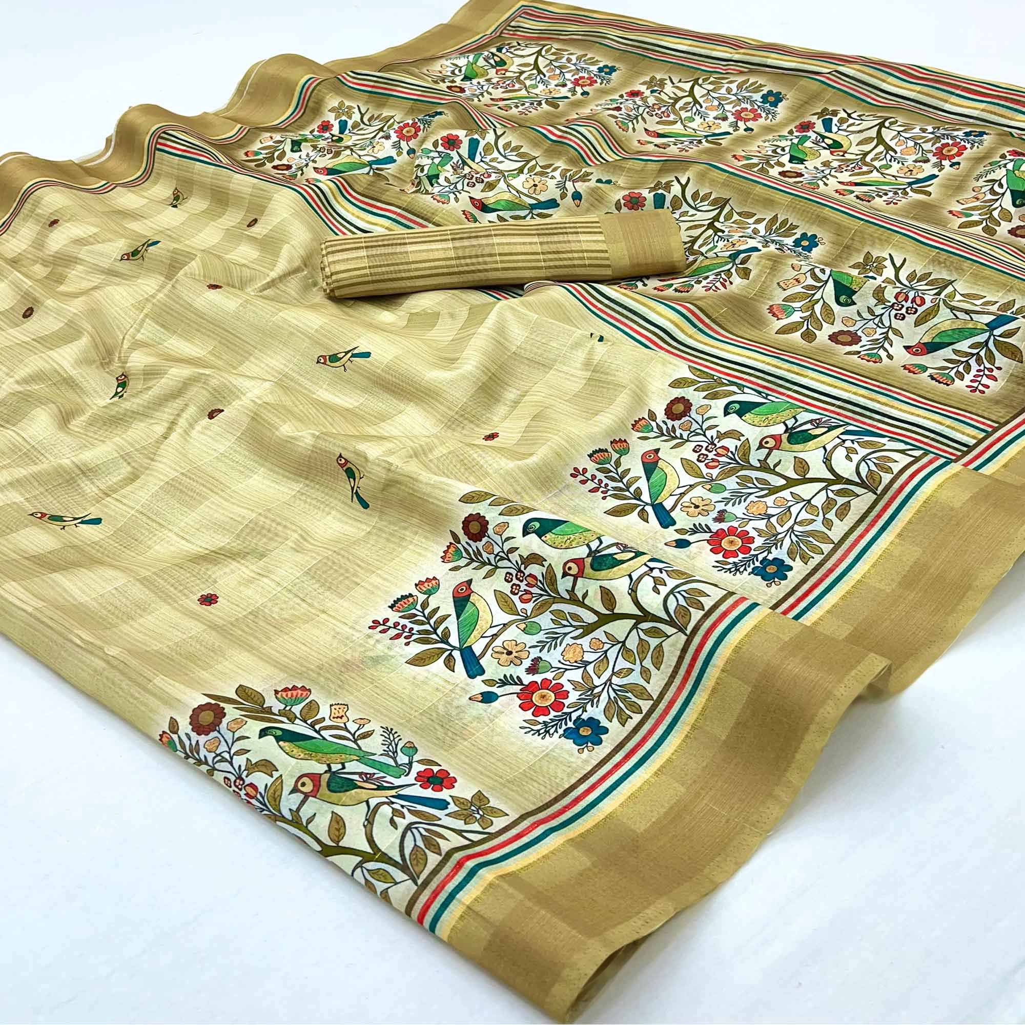 Mustard Cotton Blend Saree Highlighted With Bird & Floral Digital Print