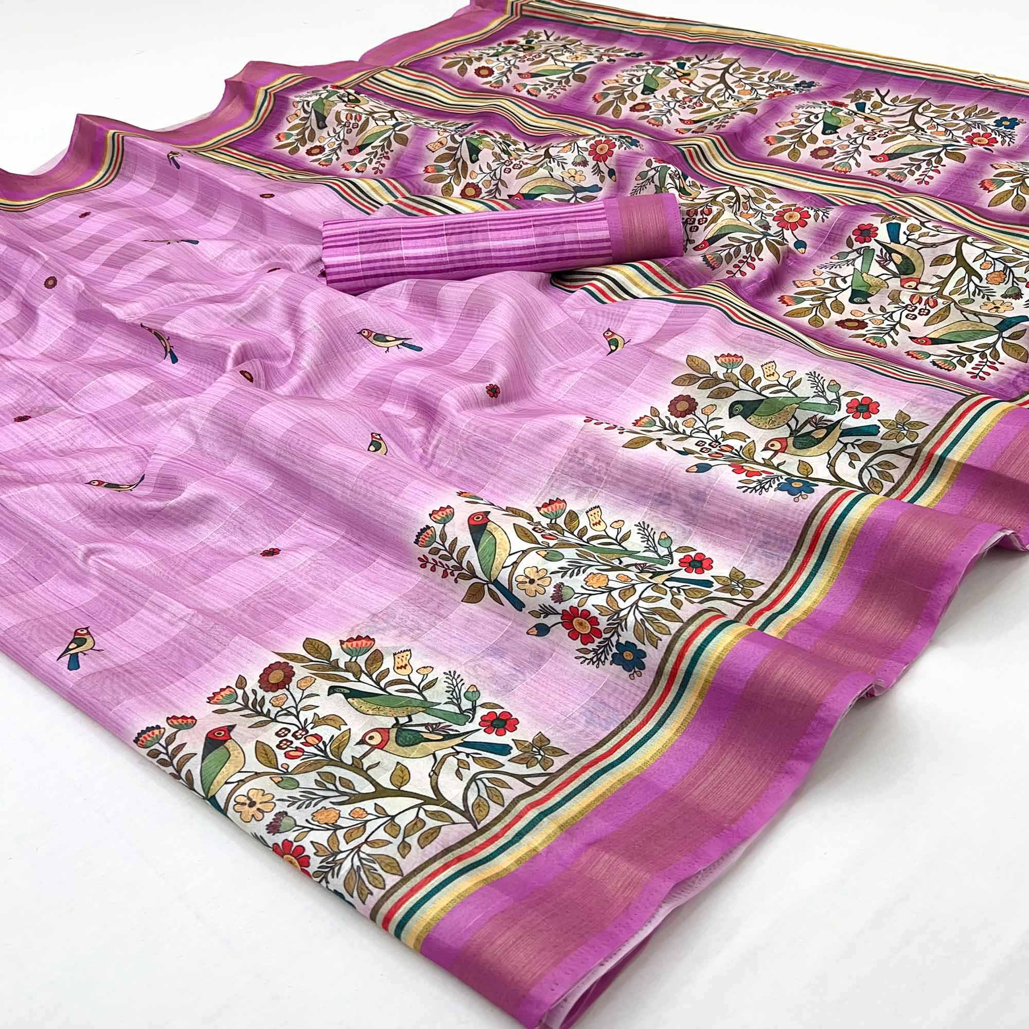 59Pink Cotton Blend Saree Highlighted With Bird & Floral Digital Print