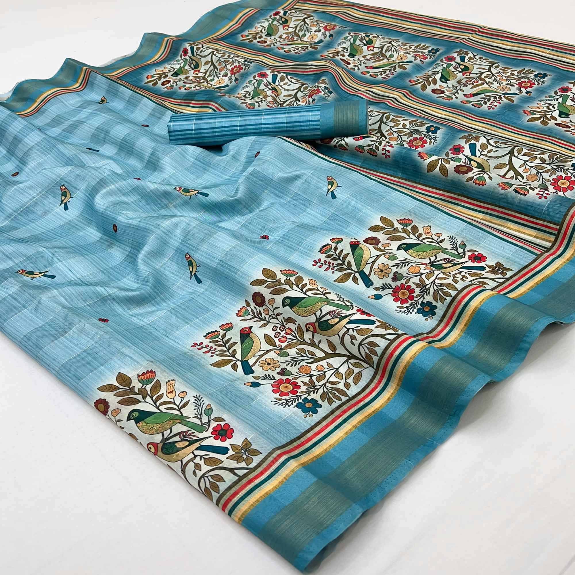 Blue Cotton Blend Saree Highlighted With Bird & Floral Digital Print