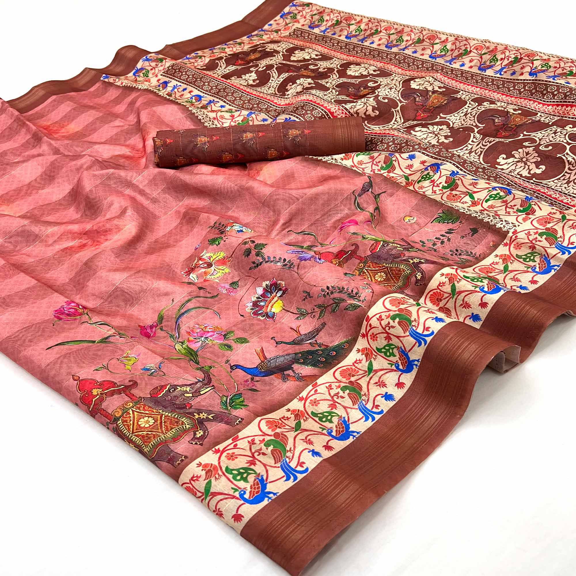 Peach Cotton Blend Saree Highlighted With Animal & Floral Digital Print