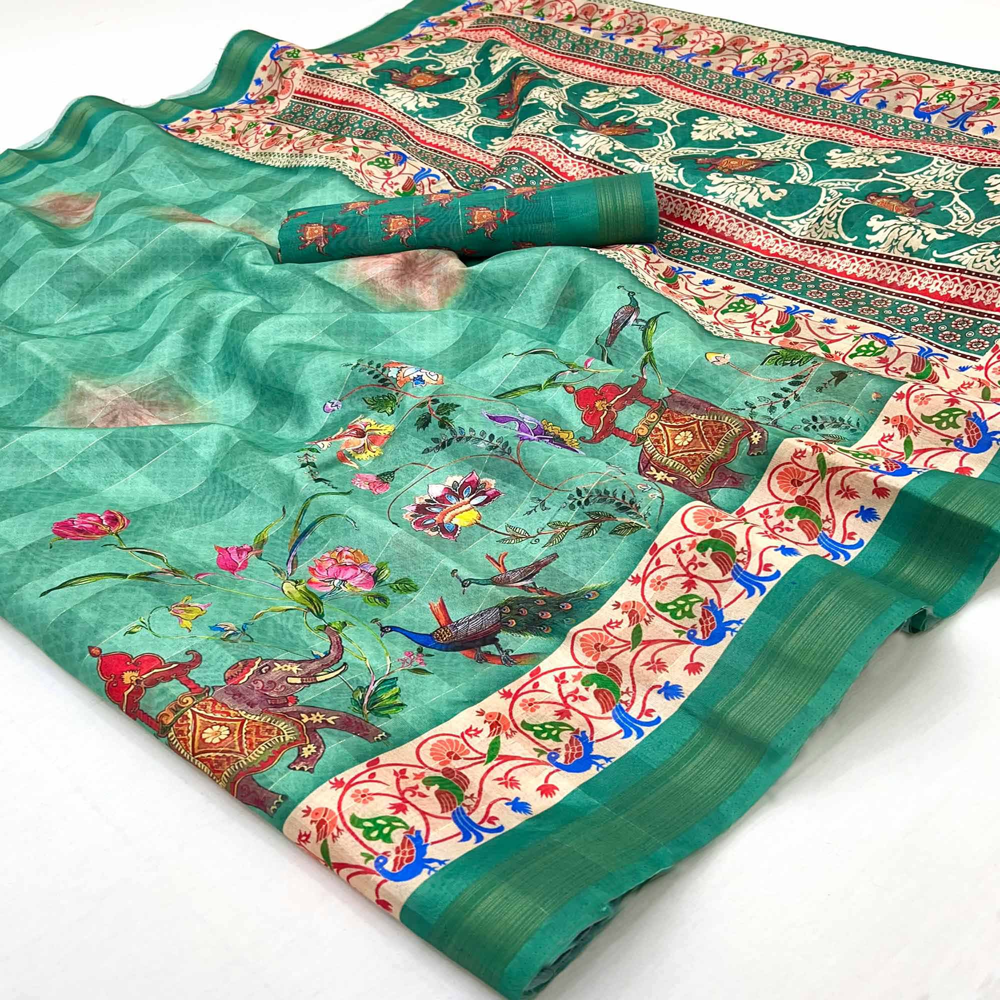 Rama Green Cotton Blend Saree Highlighted With Animal & Floral Digital Print