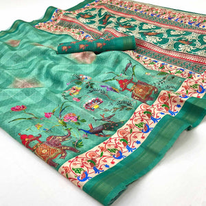 Rama Green Cotton Blend Saree Highlighted With Animal & Floral Digital Print