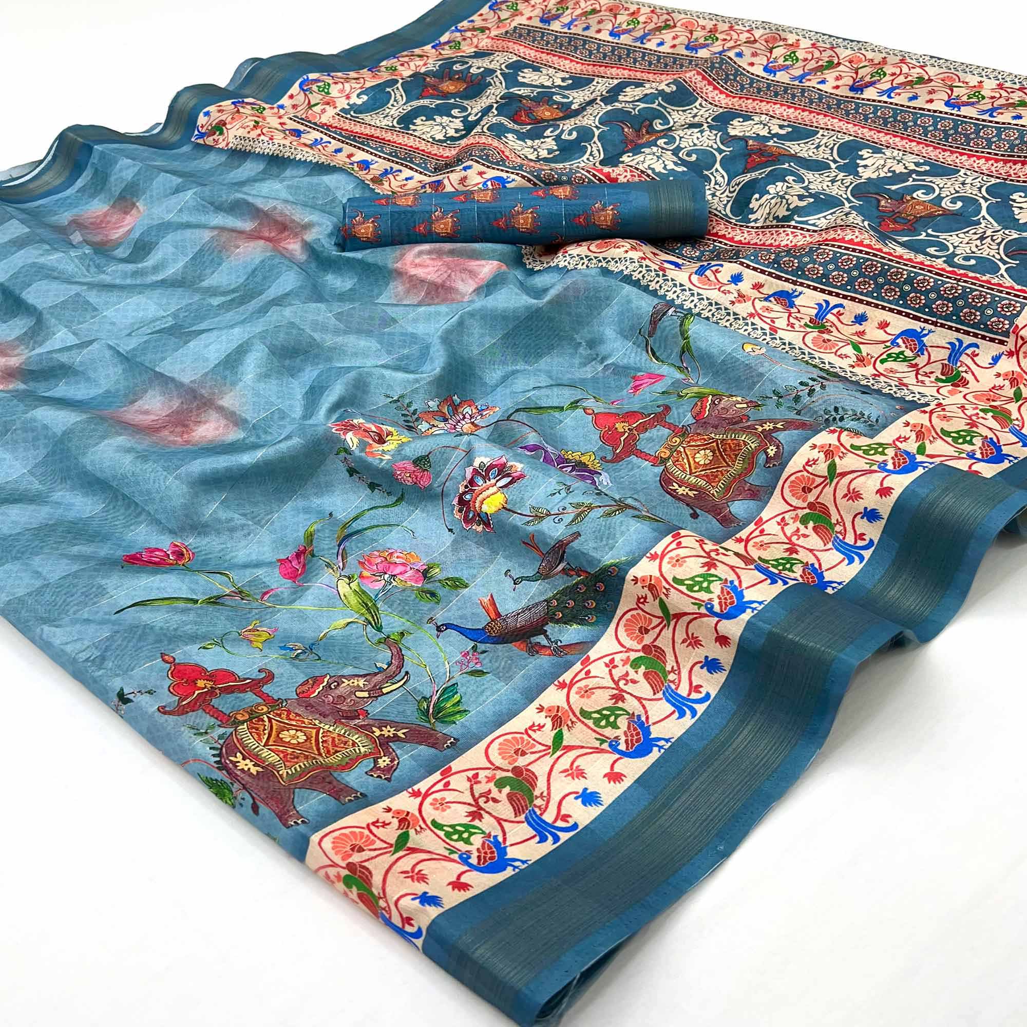 Blue Cotton Blend Saree Highlighted With Animal & Floral Digital Print