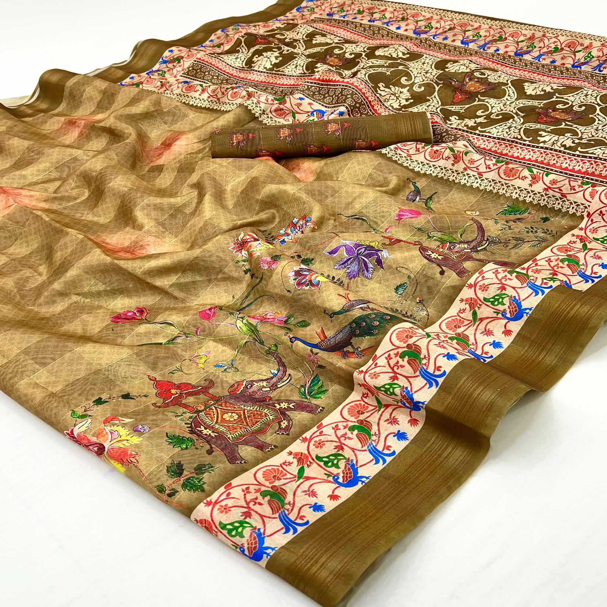 Mustard Cotton Blend Saree Highlighted With Animal & Floral Digital Print