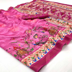Pink Cotton Blend Saree Highlighted With Animal & Floral Digital Print