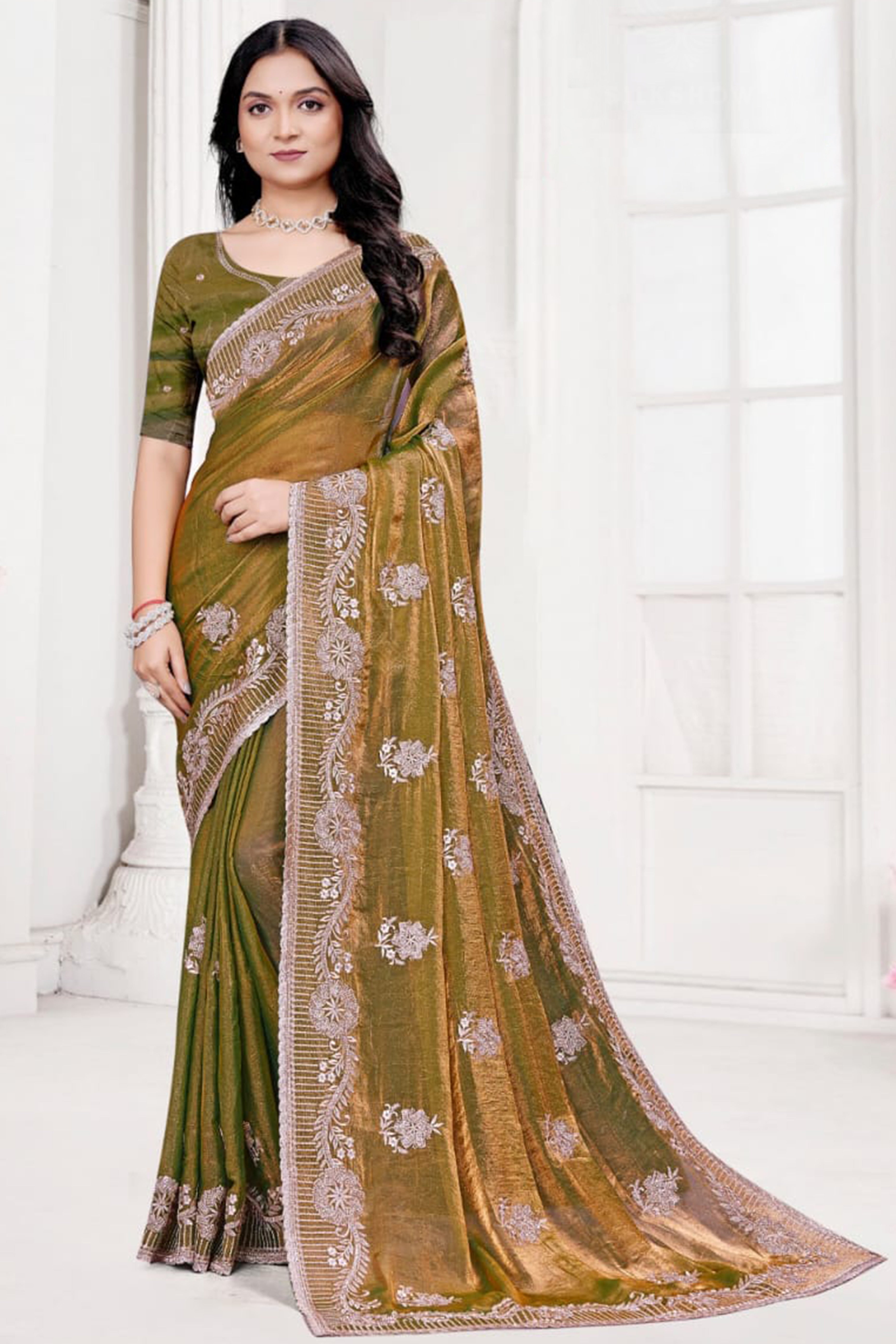 Classic Green Floral Embroidered Organza Satin Silk Saree With Dazzling Diamond Work