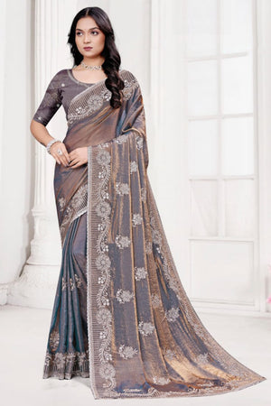 Classic Grey Floral Embroidered Organza Satin Silk Saree With Dazzling Diamond Work