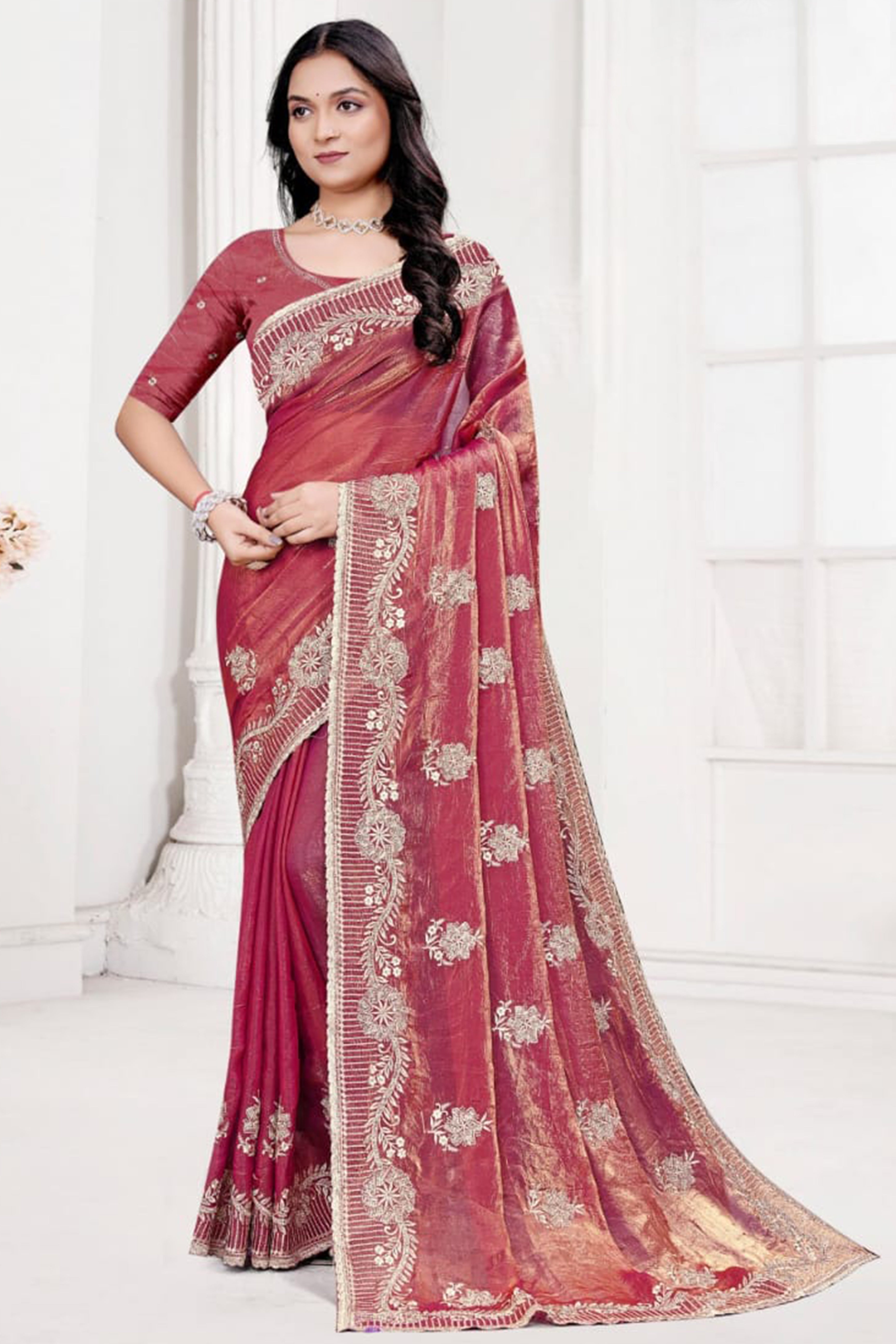 Classic Gajari Pink Floral Embroidered Organza Satin Silk Saree With Dazzling Diamond Work