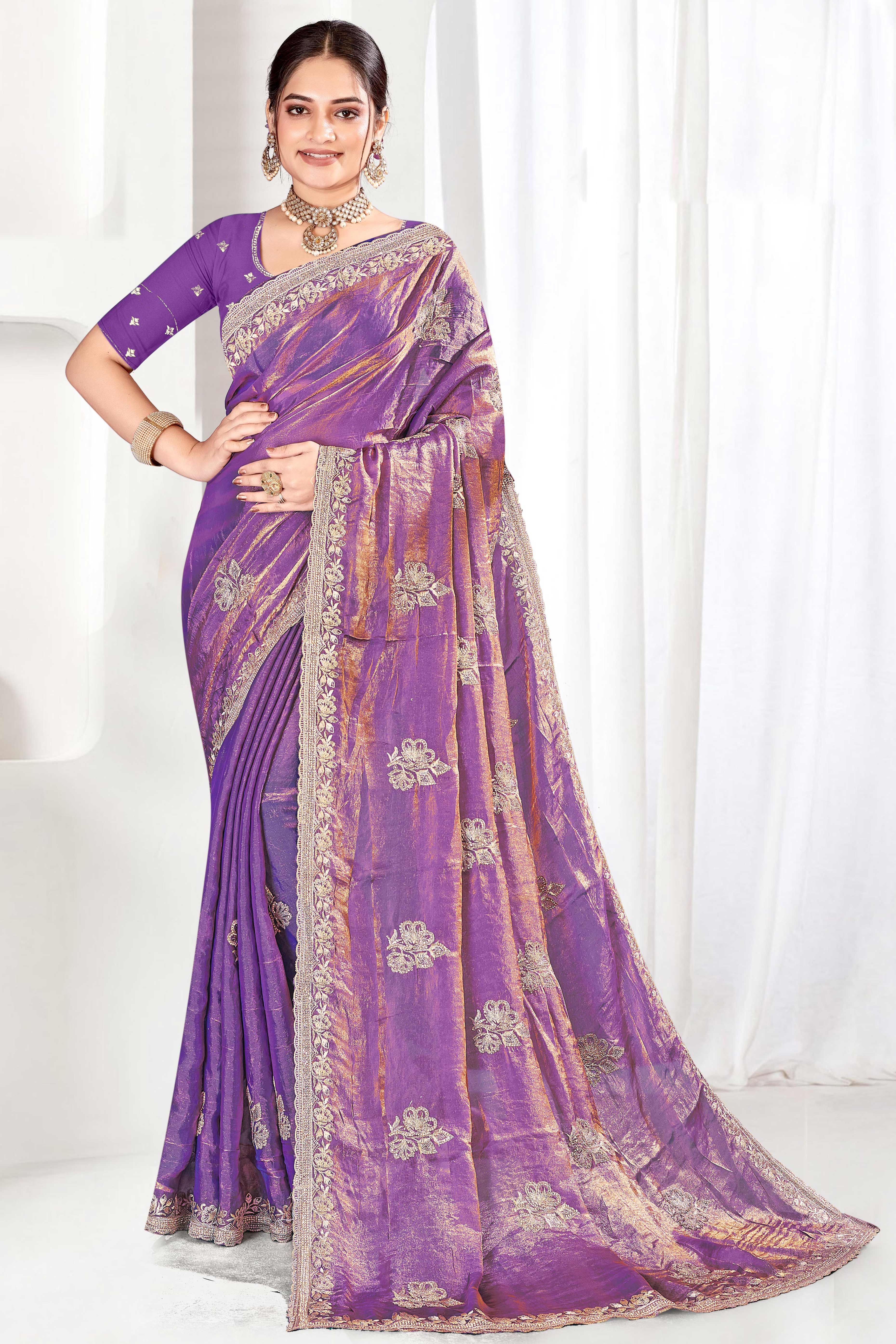 Classic Purple Floral Embroidered Organza Satin Silk Saree With Shimmering Diamond Work
