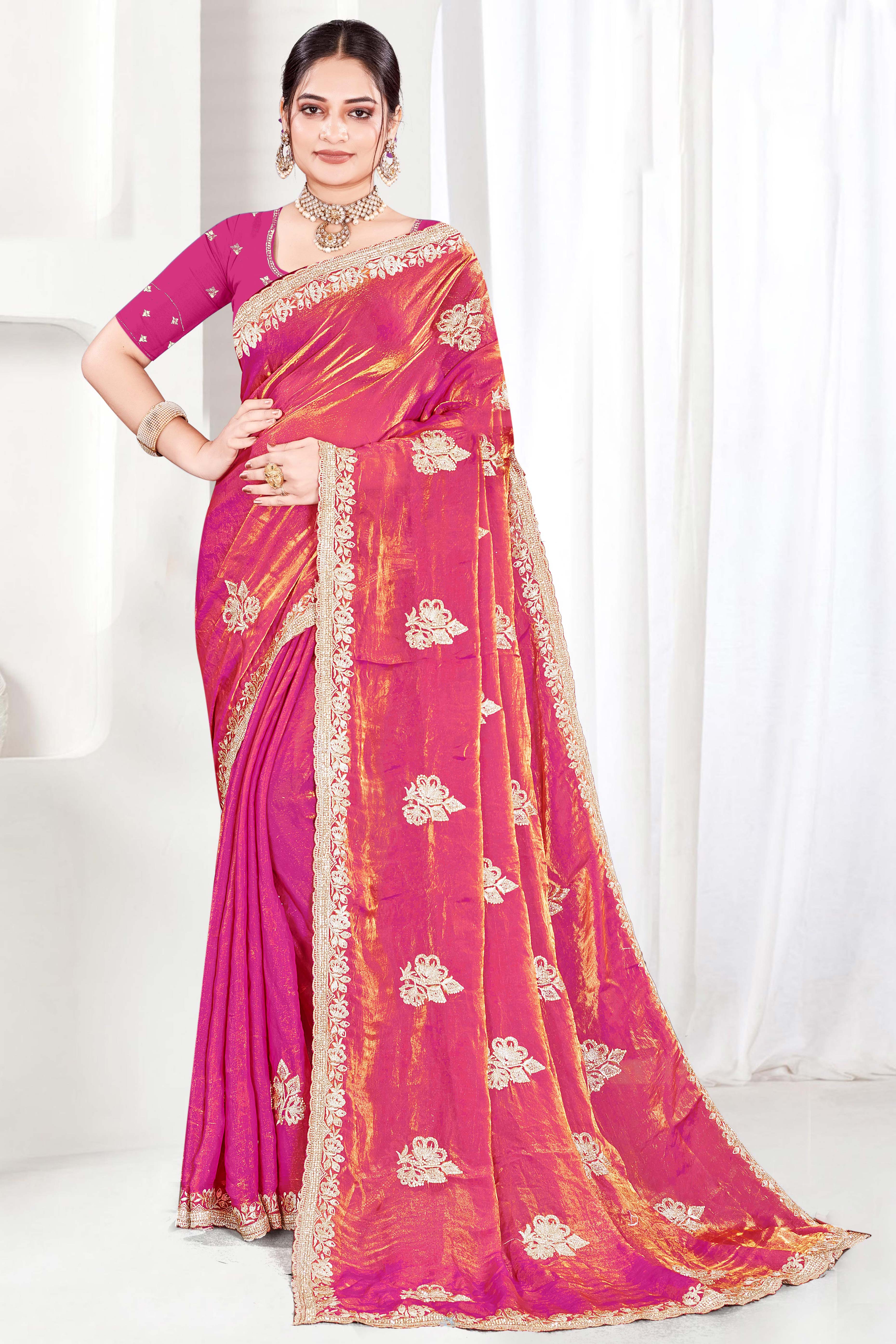 Classic Pink Floral Embroidered Organza Satin Silk Saree With Shimmering Diamond Work
