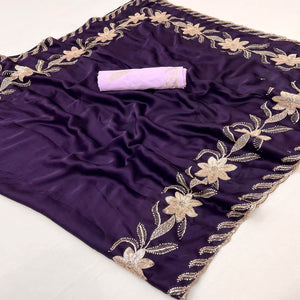 Royal Purple Sequins Work Embroidered Satin Saree for Special Occasions