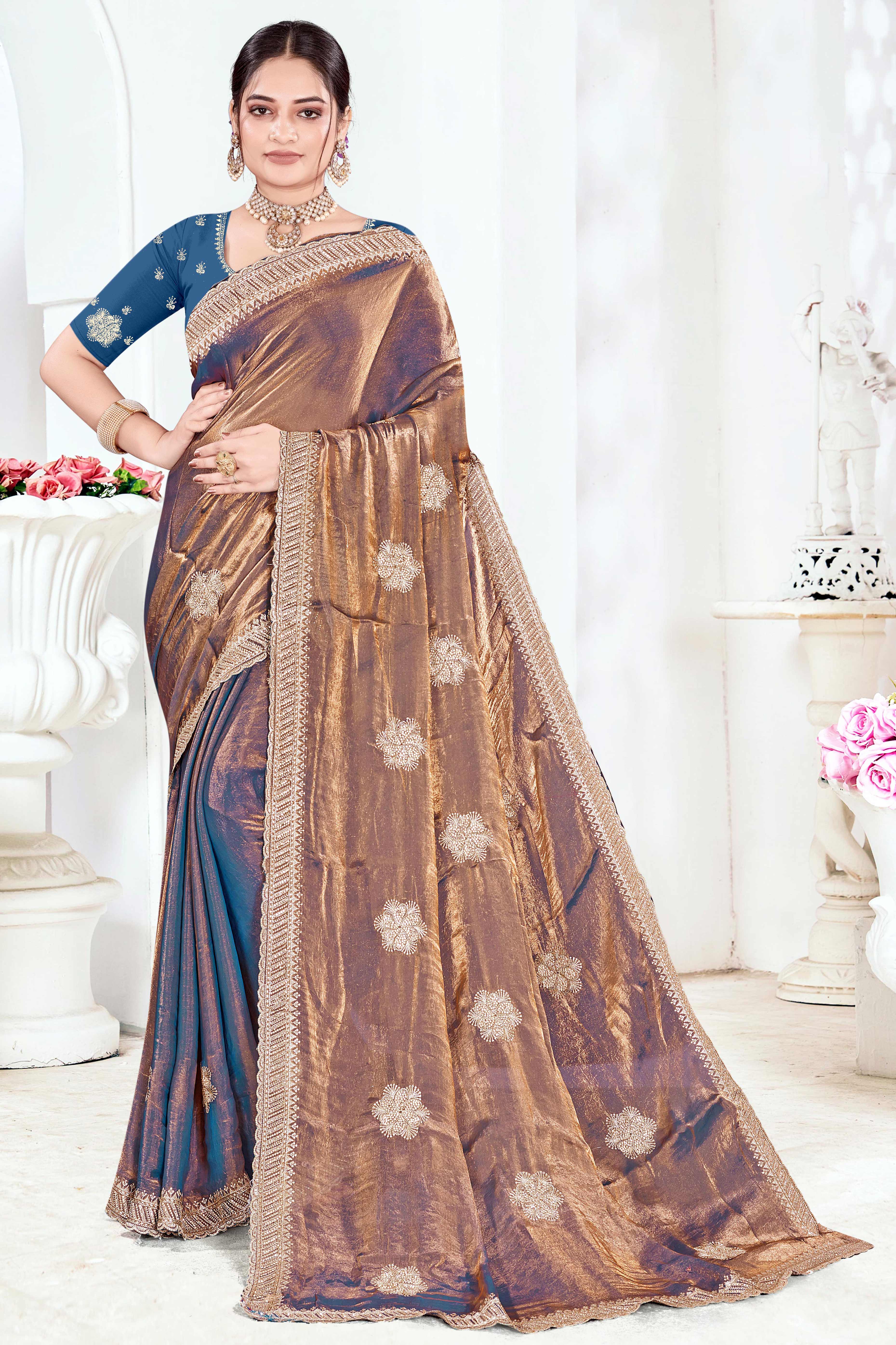 Designer Blue Floral Zari Embroidery Organza Satin Silk Saree Featuring Diamond Work