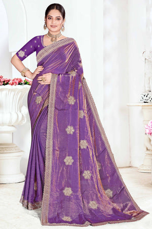 Designer Purple Floral Zari Embroidery Organza Satin Silk Saree Featuring Diamond Work